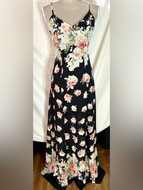 Lulus Black, Light Pink Floral Cross-Back Sheer Overlay Maxi Dress, Size S